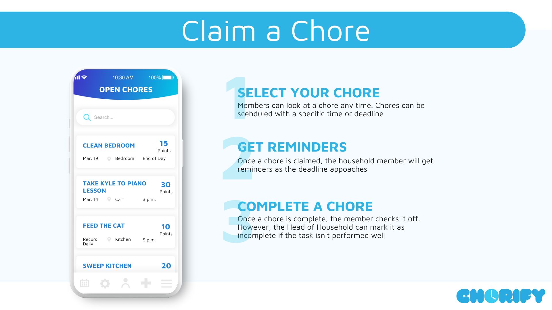 Features Section of Pitch Deck: Chorify-Claim a Chore